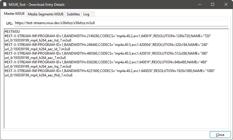 Download file details window in M3U8 Downloader showing master M3U8 file contents